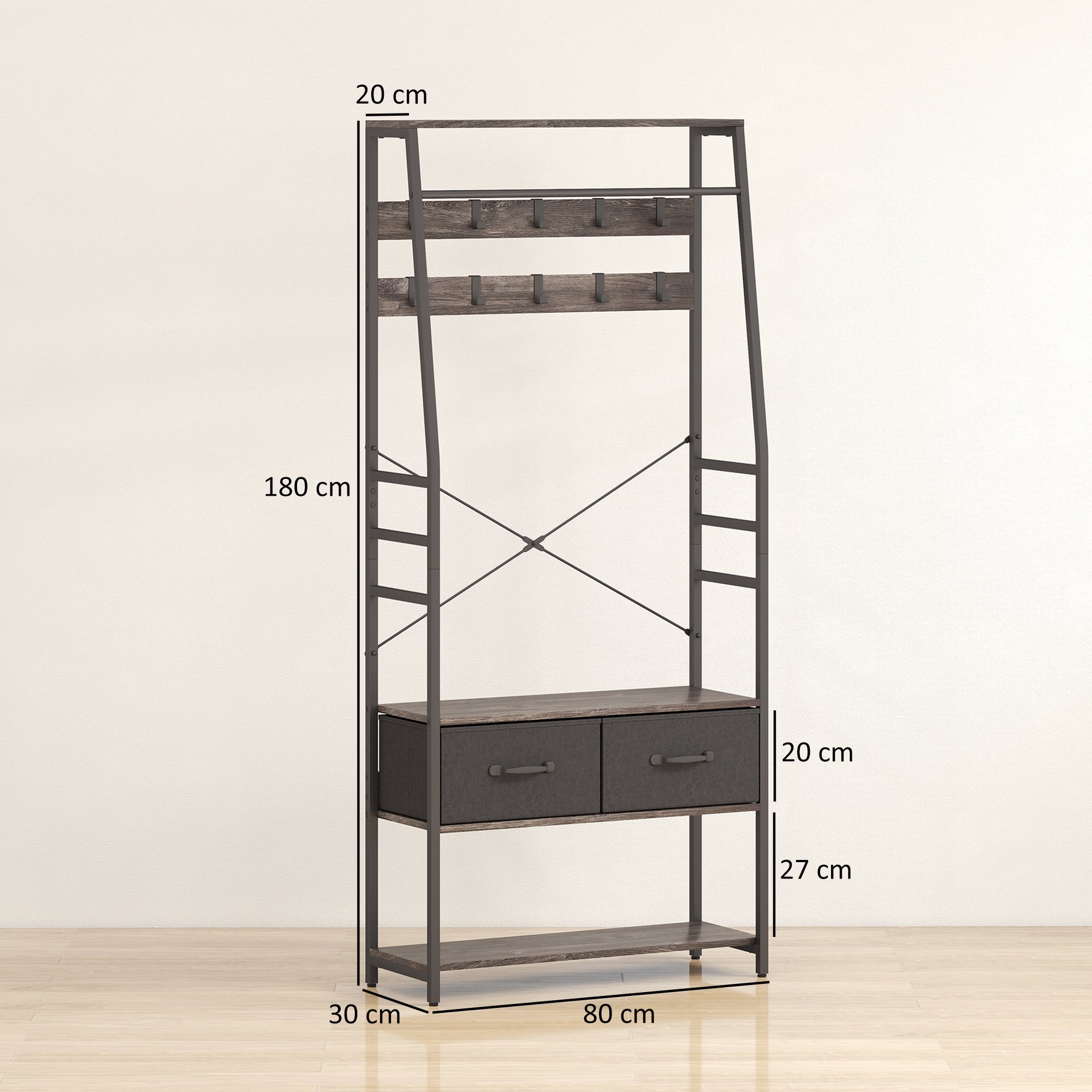 HOMCOM Coat Rack with Shoe Storage, Hall Tree, Industrial Coat Stand with Shoe Bench, 10 Removable Hooks, 2 Fabric Drawers and Clothes Rail for Entryway, Hallway, Grey 
