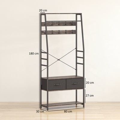 HOMCOM Coat Rack with Shoe Storage, Hall Tree, Industrial Coat Stand with Shoe Bench, 10 Removable Hooks, 2 Fabric Drawers and Clothes Rail for Entryway, Hallway, Grey 
