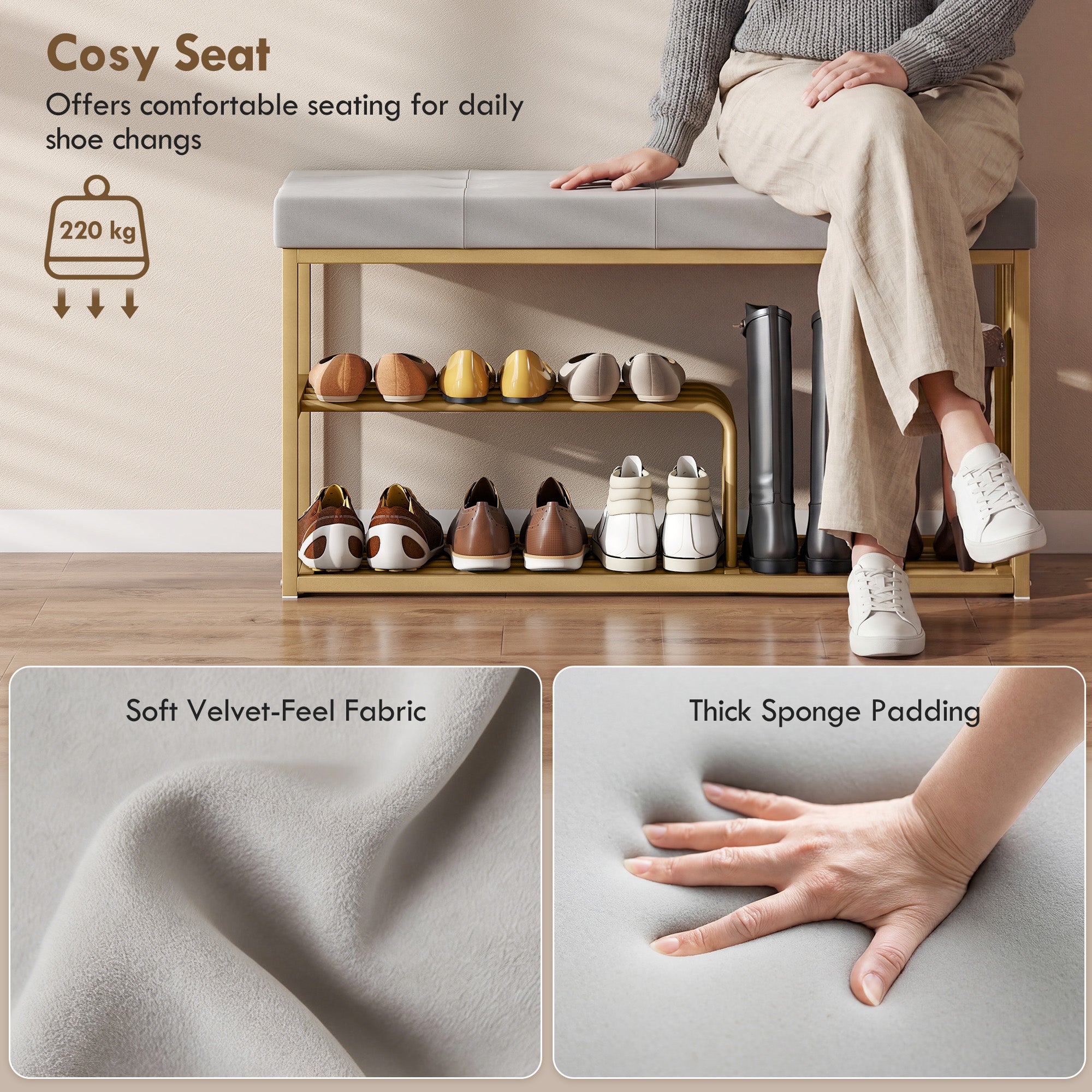 HOMCOM Bench and Shoe Storage, Tufted Shoe Storage Bench with Velvet Seat Cushion Gold Steel Frame for Entryway, Grey 