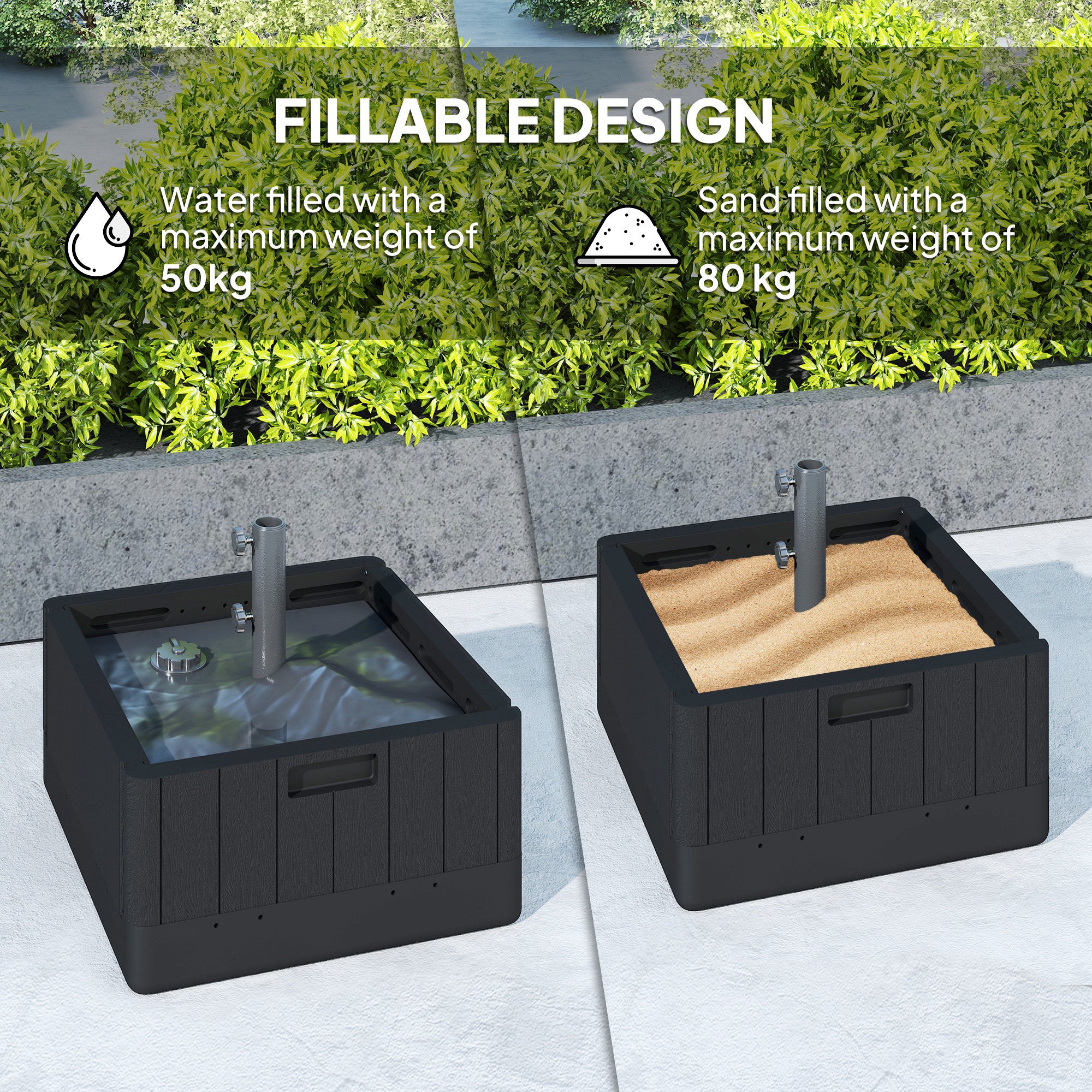 Outsunny Garden Parasol Base Outdoor Umbrella Stand with Wheels Handles, Garden Umbrella Base, Filled Up to 80kg with Stand or 50kg with Water for Deck Poolside, Black