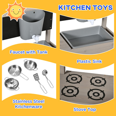 Outsunny Kids Wooden Sandbox w/ Canopy, Kitchen Toys, Seat, Storage, for 3-7 Years Old Outdoor Play 
