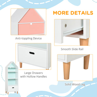 HOMCOM Kids Children Wooden Bookcase w/Drawer Bedroom Furniture Bookshelf Storage Rack Display Unit Toys Games Organisation Cabinet Pink Blue Back Panel 50 x 30 x 142 cm 