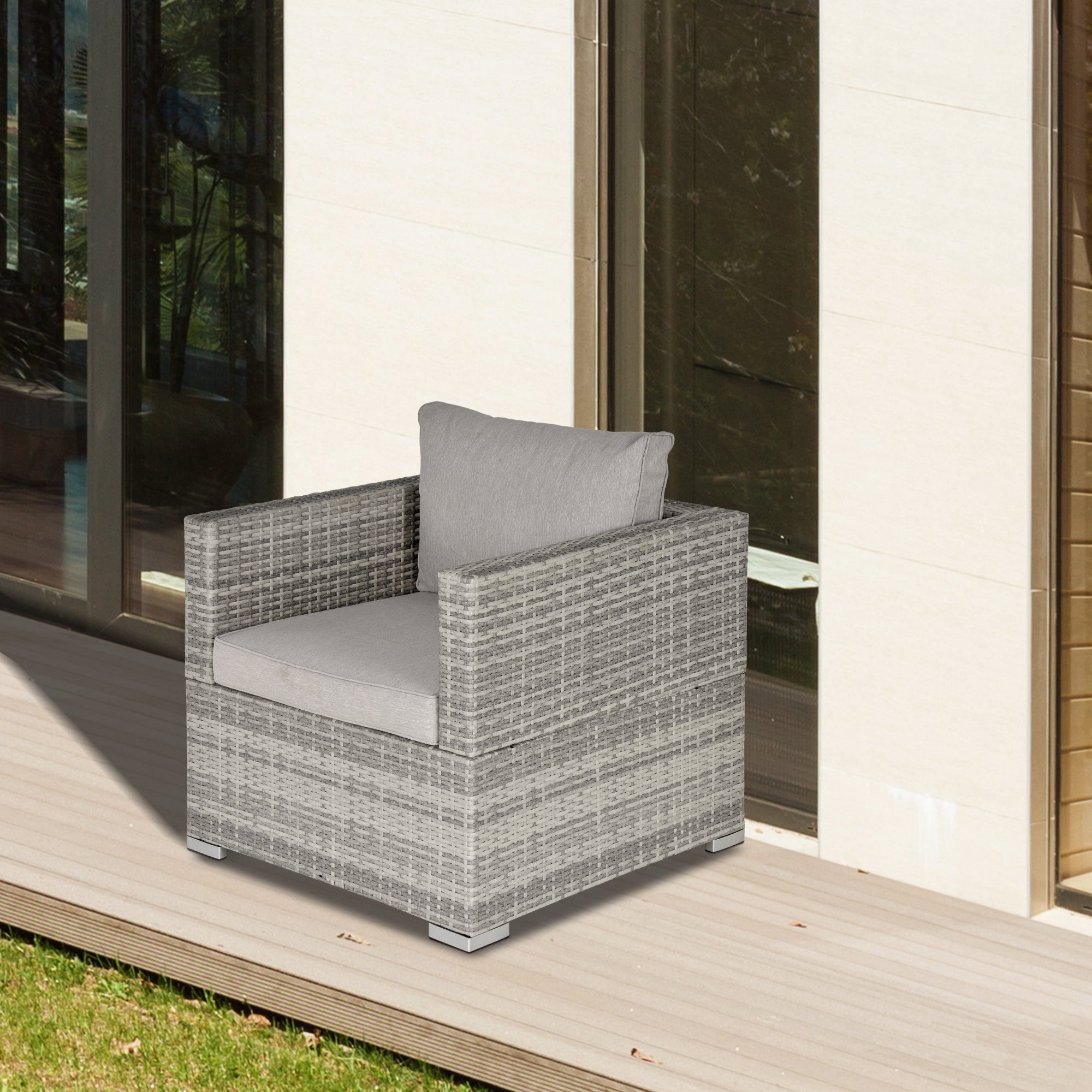 Outsunny Single Seater Rattan Chair Sofa with Padded Cushions, All-Weather PE Wicker Weave Garden Armchair with Armrests, Grey 