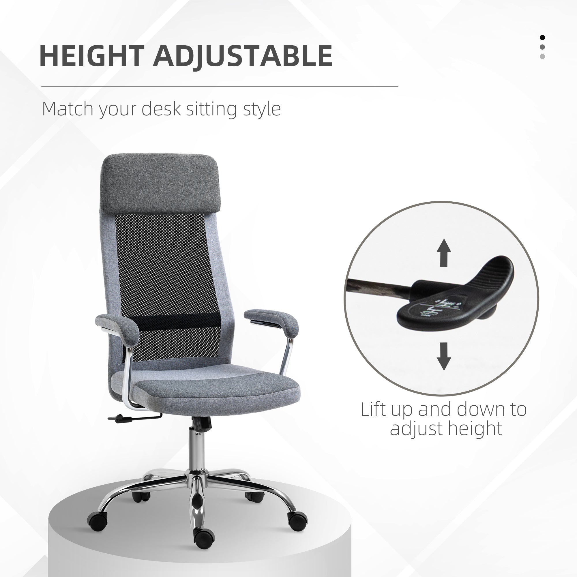 Vinsetto Office Chair, Ergonomic Desk Chair, High Back Computer Chair with Adjustable Height, Swivel Rolling Wheels, Mesh Back and Linen-Feel Fabric Seat for Home and Study, Grey 