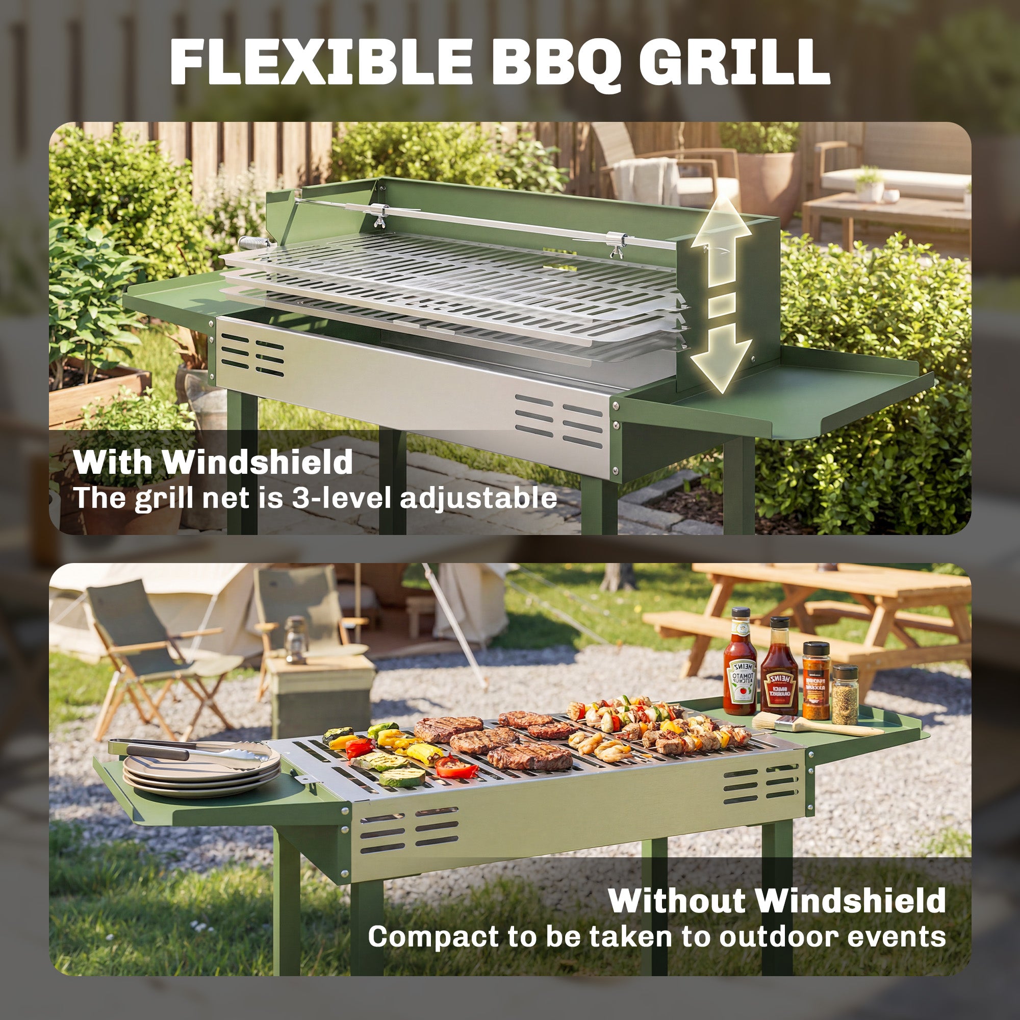 Outsunny BBQ Rotisserie Grill Roaster Charcoal Spit Roasting Machine for Chicken Turkey with 3-Level Grill Grate, Side Shelves, Dark Green 