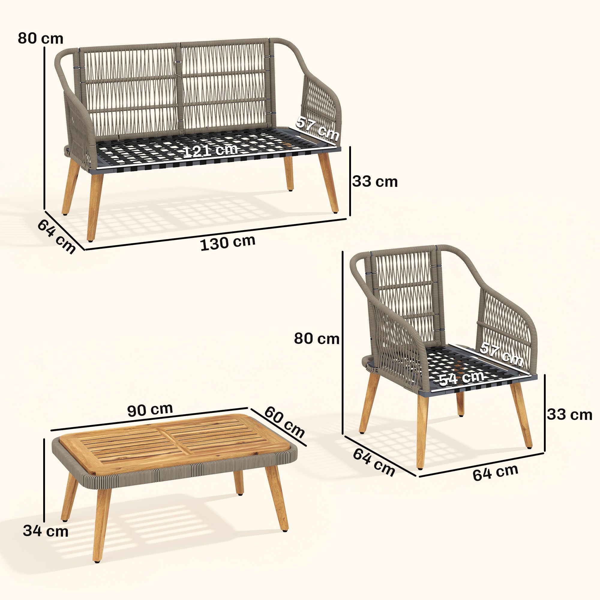 Outsunny 4 Piece Rattan Garden Furniture Set with Loveseat, Armchairs, Wood Table, Wicker Patio Conversation Set, Cream White 