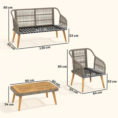 Outsunny 4 Piece Rattan Garden Furniture Set with Loveseat, Armchairs, Wood Table, Wicker Patio Conversation Set, Cream White 