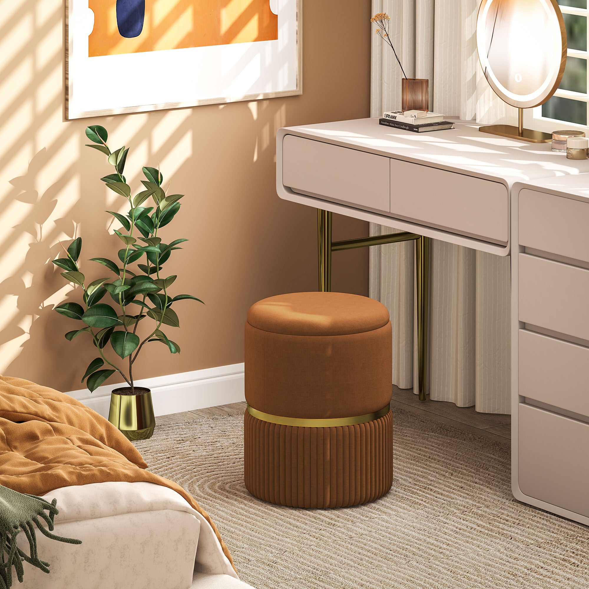 HOMCOM Velvet-Feel Storage Ottoman - Brown 