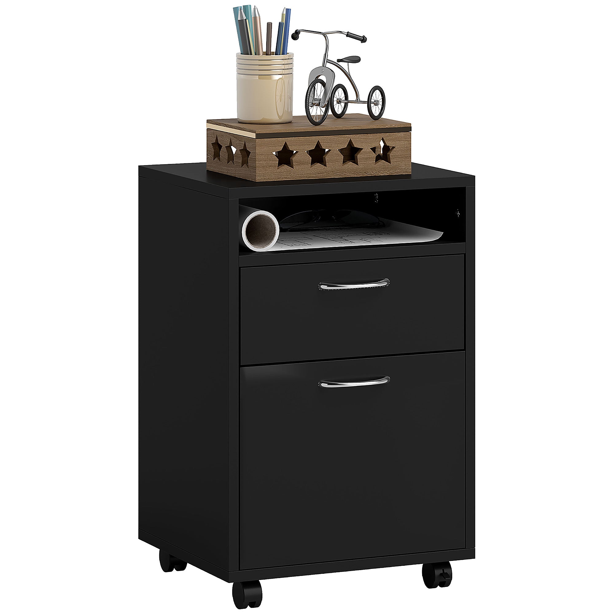HOMCOM 60cm Filing Cabinet with Drawer, Open Shelf, Metal Handles and 4 Wheels, Office Home Organiser Mobile Printer, Black 