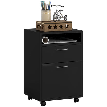 HOMCOM 60cm Filing Cabinet with Drawer, Open Shelf, Metal Handles and 4 Wheels, Office Home Organiser Mobile Printer, Black 