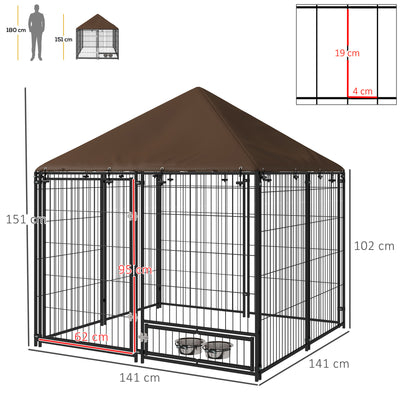 PawHut Outdoor Dog Kennel Puppy Play Pen with Canopy Garden Playpen Fence Crate Enclosure Cage Rotating Bowl 141 x 141 x 151 cm 