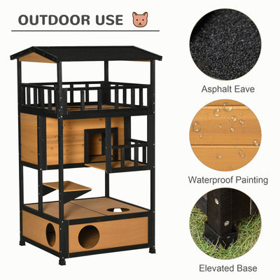 PawHut Wooden Outdoor Cat House 3-Tier for Winter Kitten Shelter Lodge w/ Tilted Roof Terrace Jump Step Bottom Tray Elevated Base Waterproof Paint Yellow 