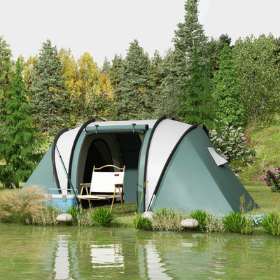 Outsunny Camping Tent with 2 Bedrooms and Living Area, 3000mm Waterproof Family Tent, for Fishing Hiking Festival, Dark Green 