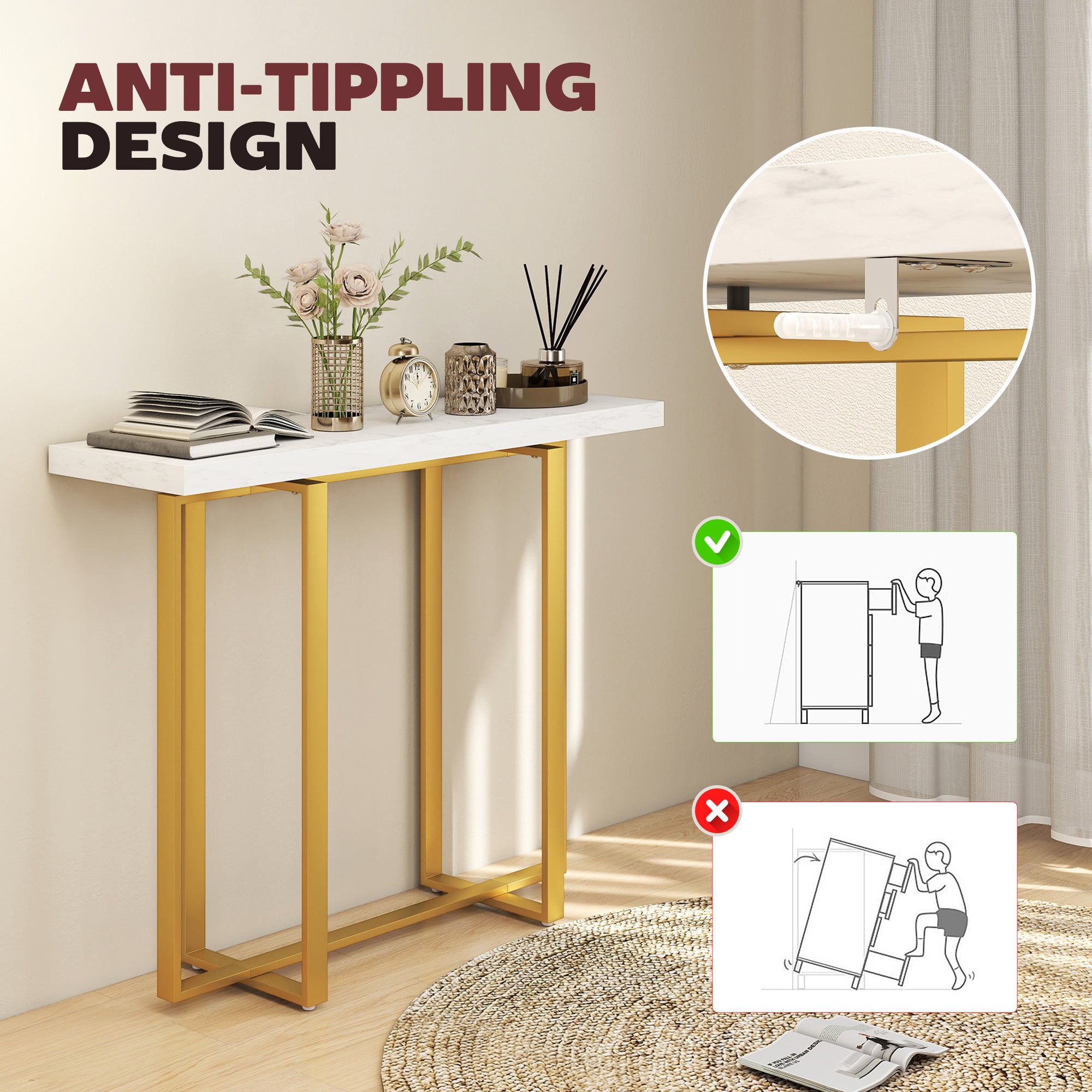HOMCOM Console Table with Faux Marble Top, 100 cm Narrow Entryway Table with Anti-tipping Device, Steel Frame, White 