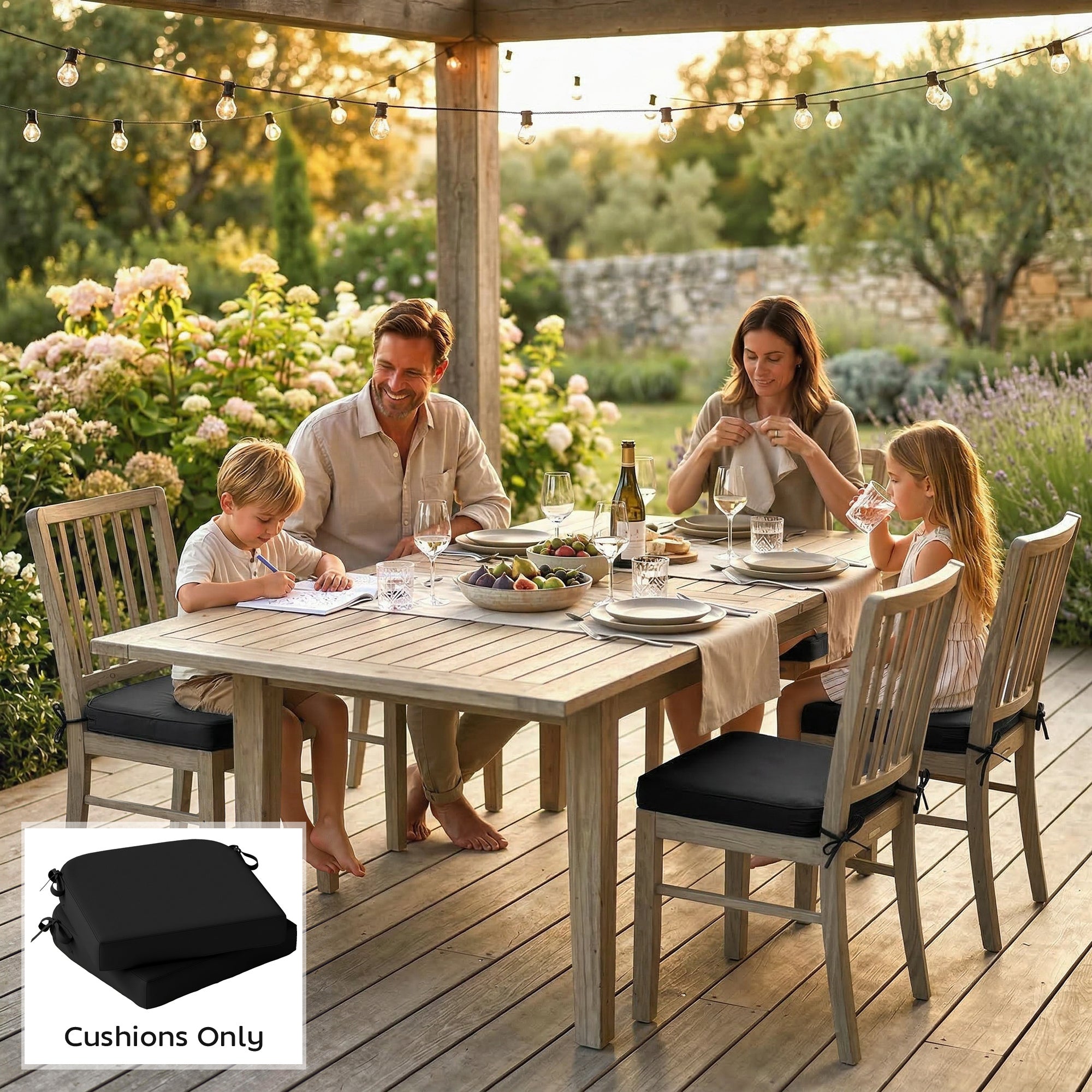 Outsunny Outdoor Chair Seat Cushions Set of 2, Garden Chair Cushions with 7cm Thick Foam & Ties, Black 