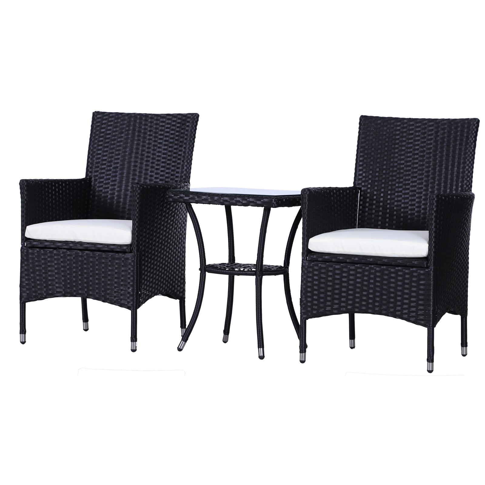 Outsunny 3 Pieces Rattan Bistro Set, Wicker Garden Furniture Set with 2-Tier Coffee Table and Chairs, Cushions, for Outdoor Patio Balcony, Black 