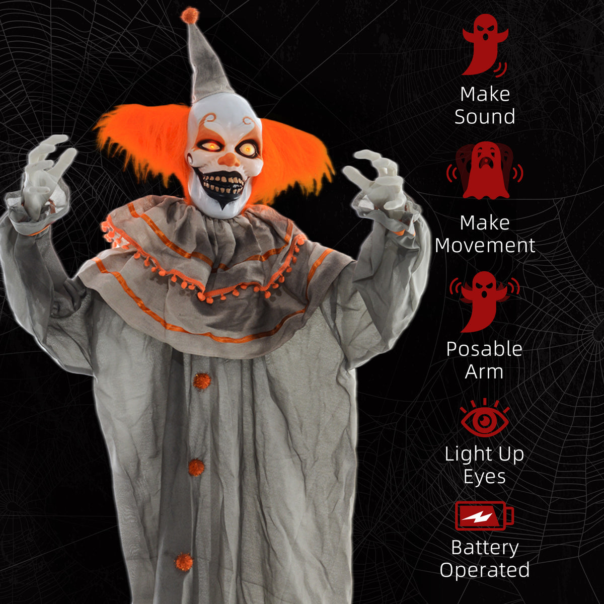 HOMCOM 6' Orange Clown Halloween Animatronic, with Glowing Eyes 