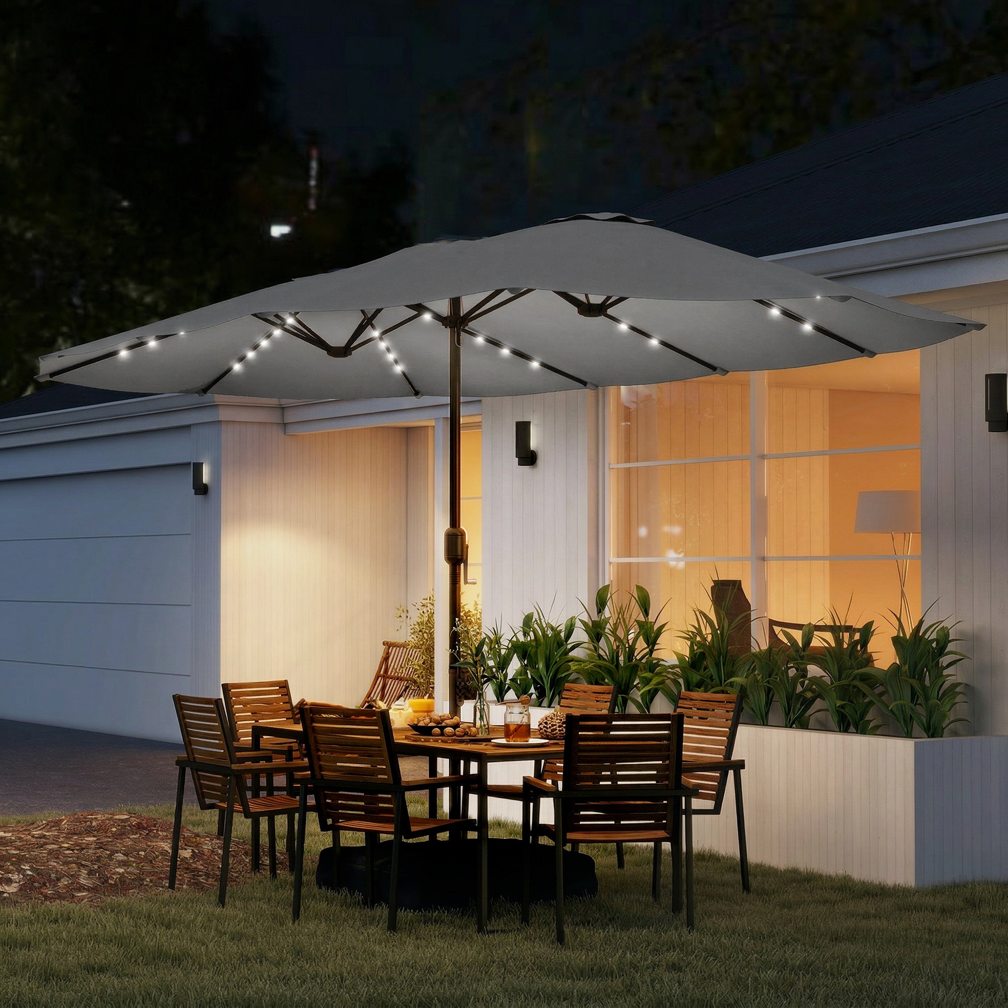 Outsunny Patio Umbrella Double-Sided Outdoor Umbrella with Solar Lights Base, Grey 
