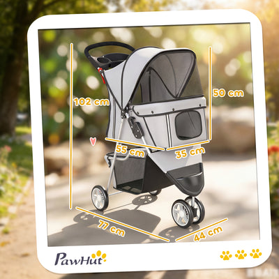 PawHut Dog Stroller, 3 Wheels Foldable Pet Stroller with Adjustable Canopy, Storage Basket for Small Mini Breeds, Grey 