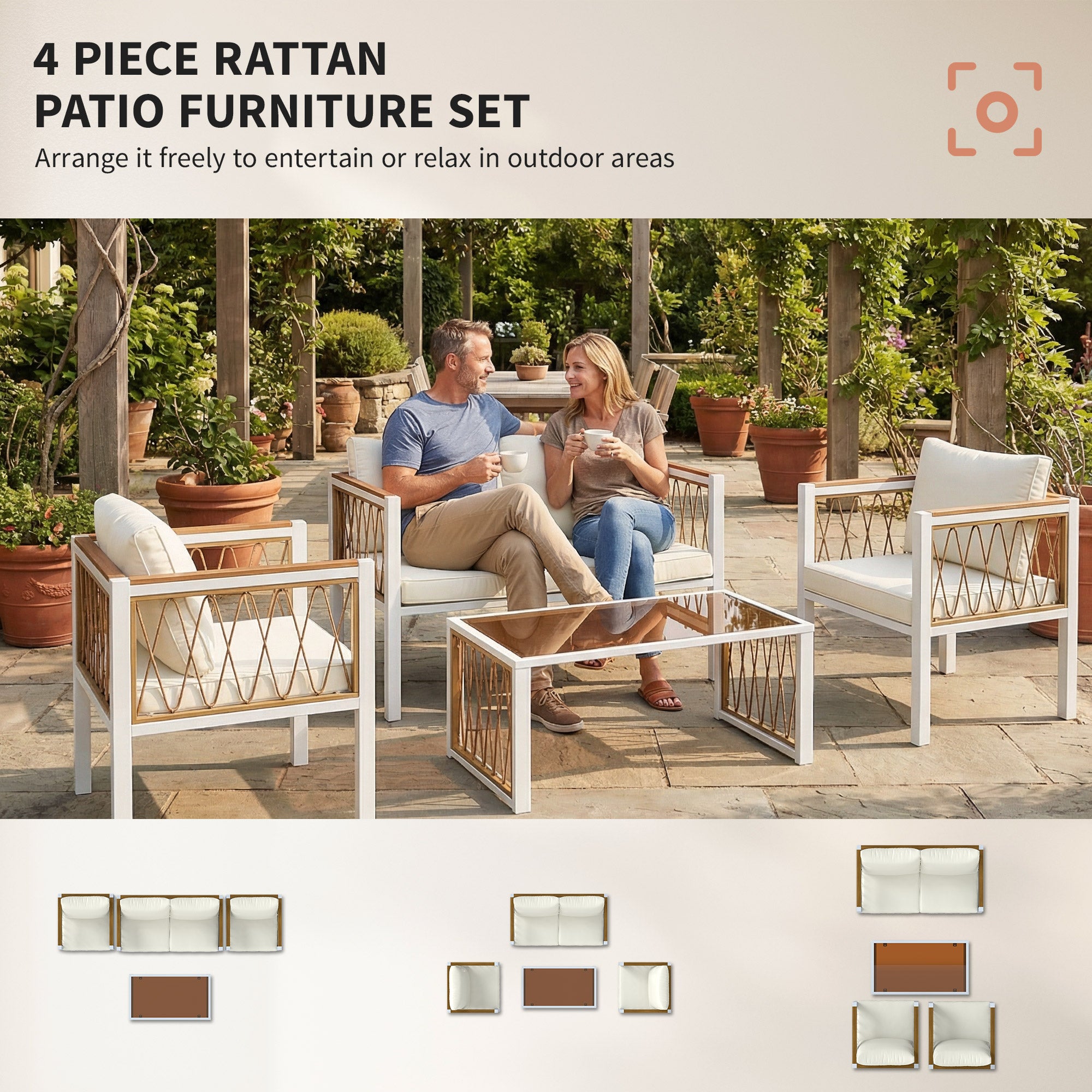 Outsunny 4 Piece Rattan Garden Furniture Set with Loveseat, 2 Armchairs, Table, Metal Frame Patio Conversation Set, Cream White 