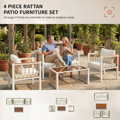 Outsunny 4 Piece Rattan Garden Furniture Set with Loveseat, 2 Armchairs, Table, Metal Frame Patio Conversation Set, Cream White 