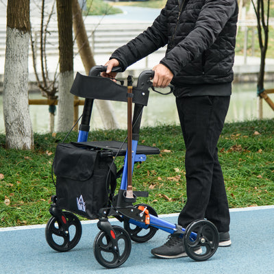 HOMCOM 4 Wheel Rollator with Seat and Back, Folding Mobility Walker with Carry Bag, Adjustable Height, Dual Brakes, Cane Holder, Lightweight Aluminium Walking Frame for Seniors and Disabled, Blue 