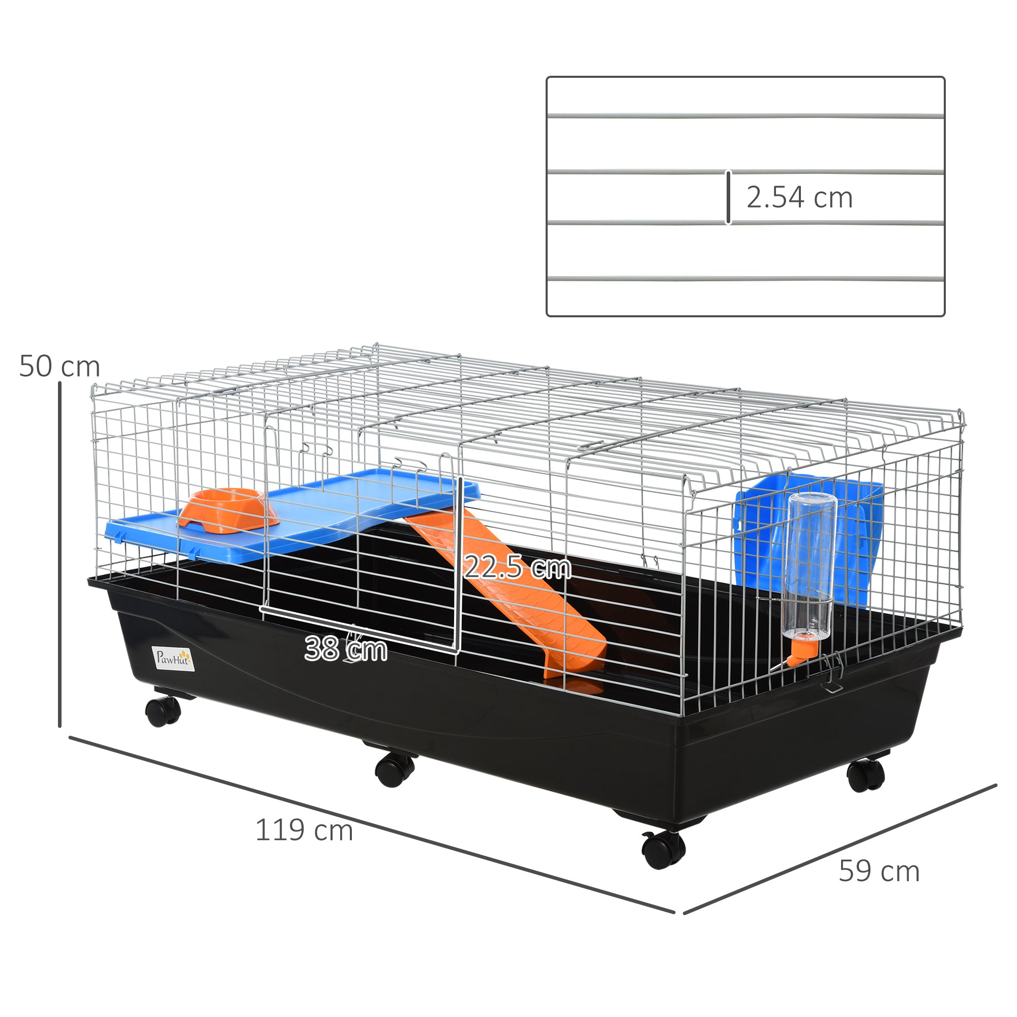 PawHut Small Animal Cage Rabbit Guinea Pigs Chinchillas Cage w/ Wheels Water Bottle Food Dish Platform Ramp 119 x 59 x 50 cm Black 