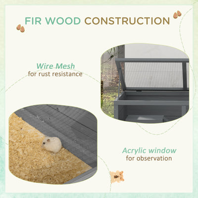 PawHut Wooden Hamster Cage with Sliding Tray, Openable Top, Hut for Syrian Hamsters, Grey 