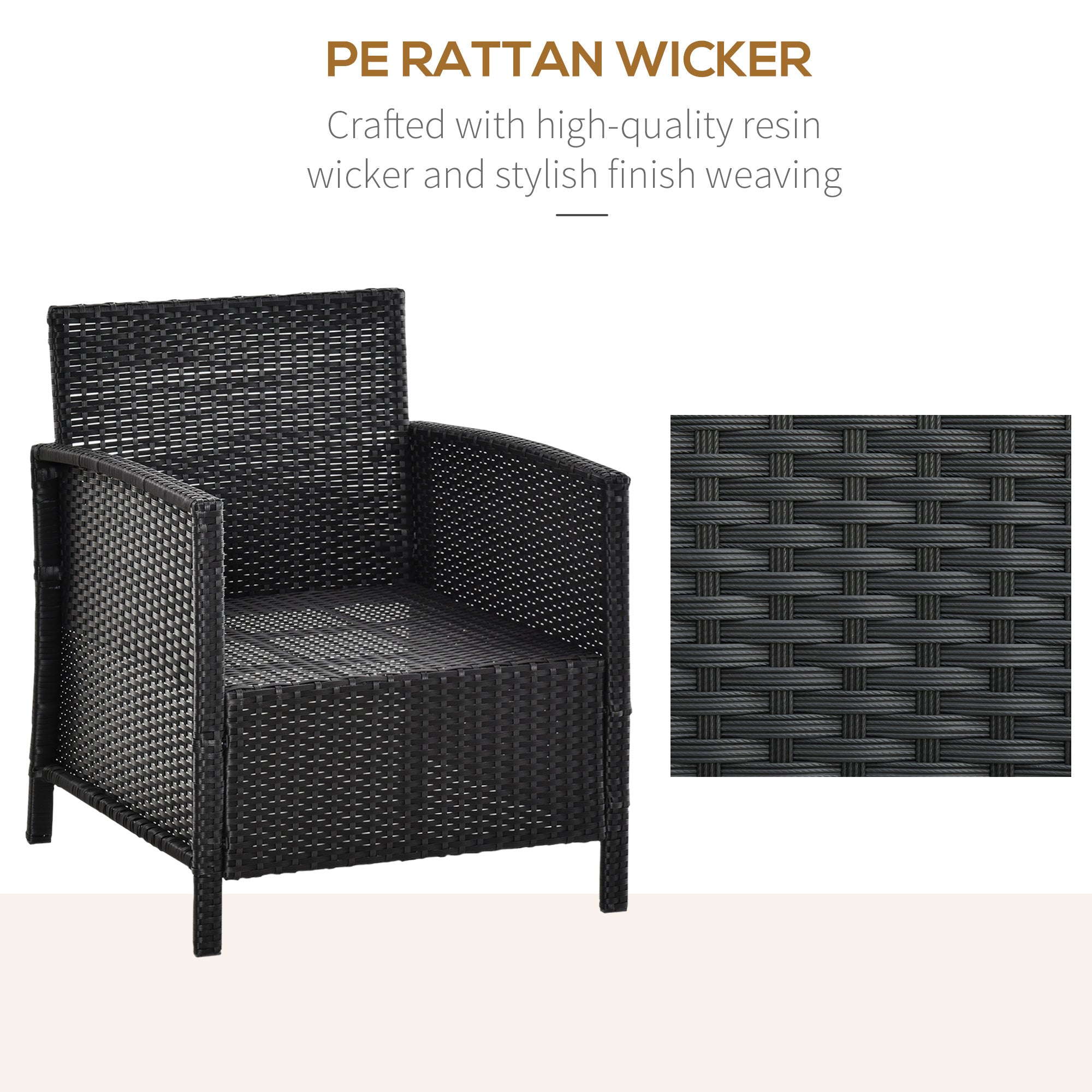 Outsunny 2-Seater PE Rattan Side Table & Armchair Bistro Set Jack and Jill Seat w/ Pillows Black 