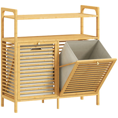 HOMCOM Double Tilt Out Bamboo Laundry Cabinet, Freestanding Bathroom Cabinet with 2 Removable Baskets, Natural 