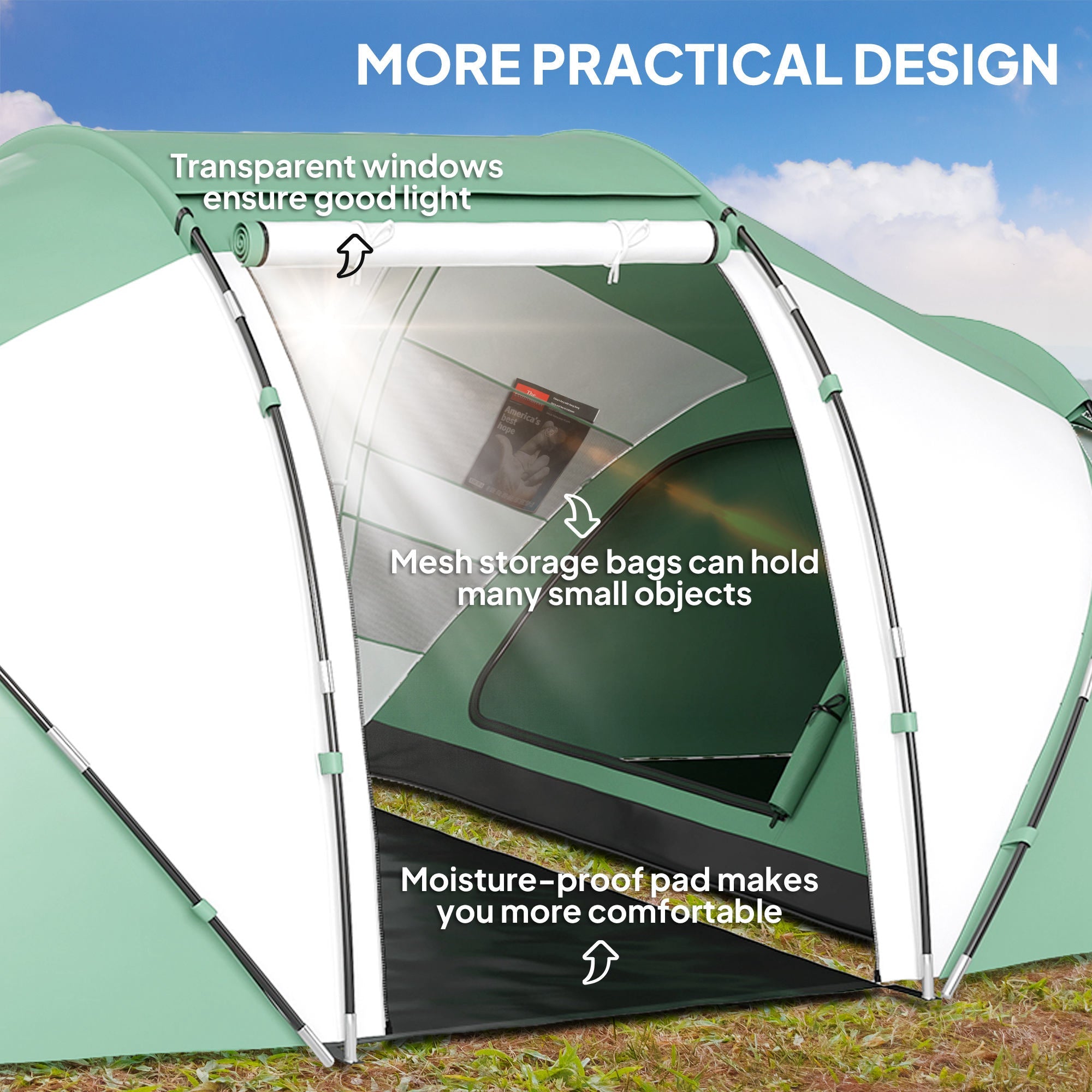 Outsunny 4-6 Man UV Protection Camping Tent - Green and White 