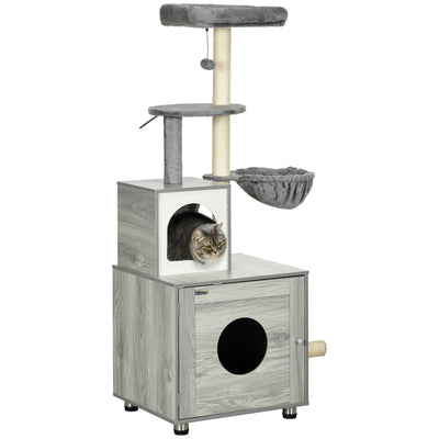 PawHut Enclosed Cat Litter Box with Cat House, Cat Bed, Scratching Posts, Platforms, for Indoor Cats - Grey 