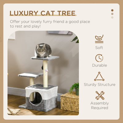 PawHut Cat Tree w/ Sisal Scratching Posts, House, Perches, Toy Mouse, Grey 