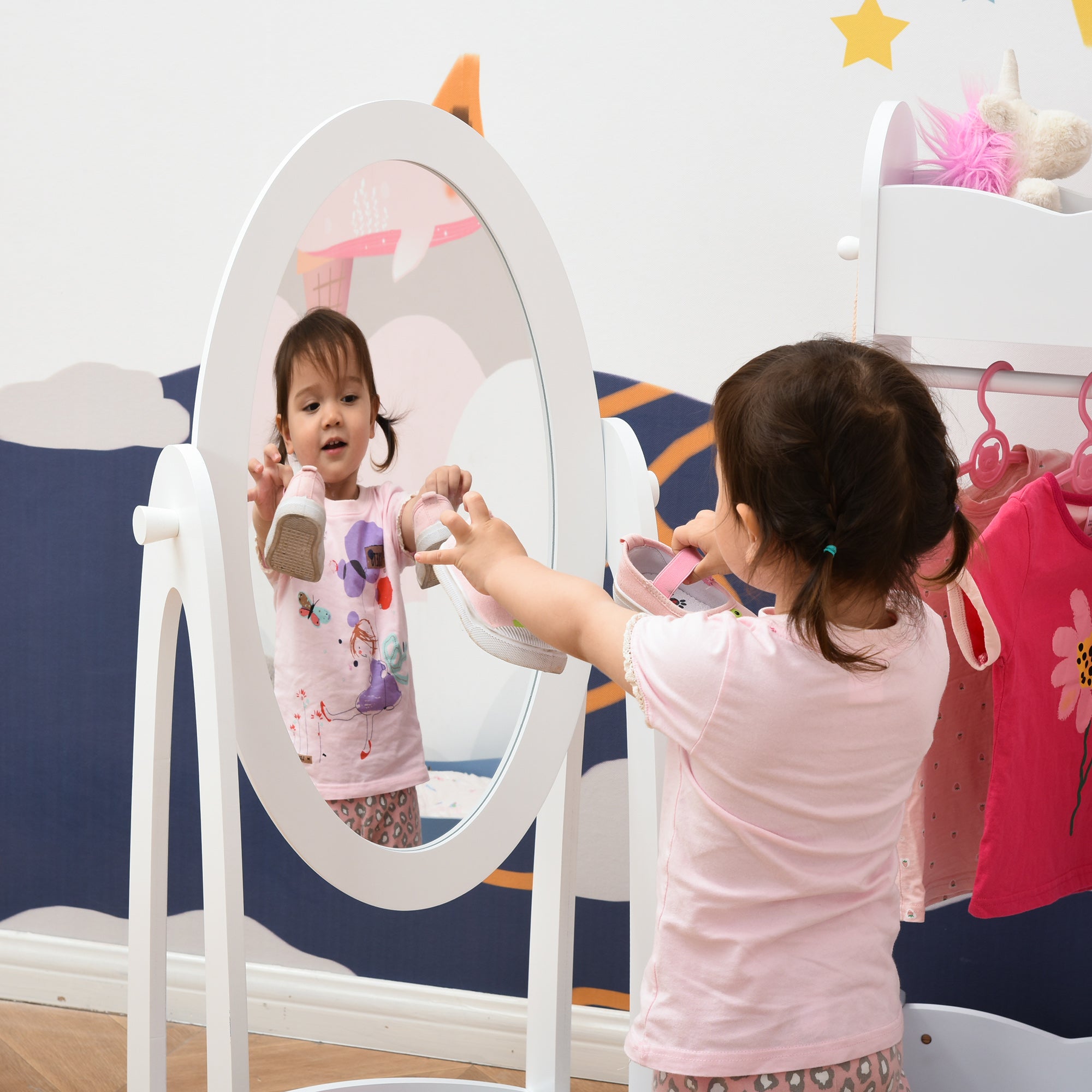 HOMCOM Free Standing Full Length Mirror, Child's Dressing Mirror with storage shelf, Children's White Bedroom Furniture 360° Rotation MDF, For 3- 8 Years Old, 40L x 30W x 104H cm 