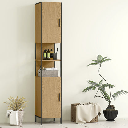 HOMCOM Tall Bathroom Cabinet with 2 Doors, Open Compartments and Adjustable Shelves - Natural Wood Finish