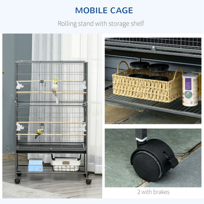 PawHut Large Bird Cage Budgie Cage for Finch Canaries Parakeet with Rolling Stand, Slide-out Tray, Storage Shelf, Food Containers, Dark Grey 
