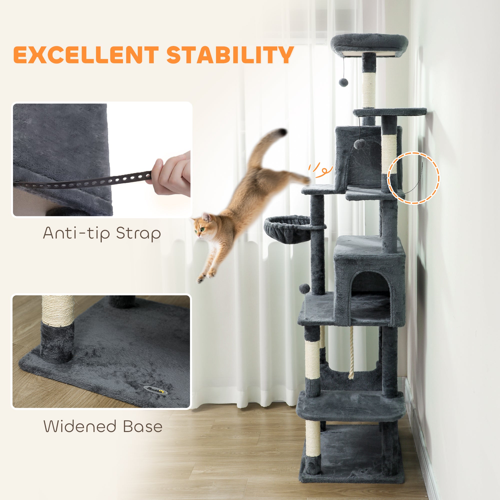PawHut 202cm Large Cat Tree with 6 Scratching Posts, 2 Hammocks, 2 Condos, 2 Perches, Pompoms, for Indoor Cats to Rest and Play 
