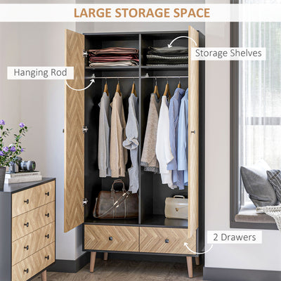 HOMCOM Modern Wardrobe Cabinet Wood Grain Sticker Surface with Shelf, Hanging Rod and 2 Drawers 90x50x190cm 
