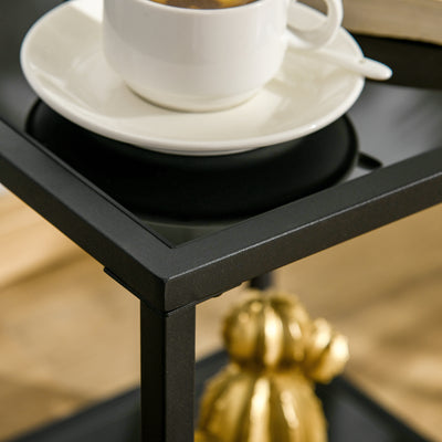 HOMCOM Side Table with Tempered Glass Top, End Table with 2-Tier Storage, Classic Accent Table with Steel Frame, Black 