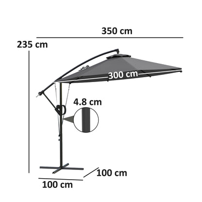 Outsunny 3(m) Garden Cantilever Parasol with Cover and Wind Protection Strap, Round Overhanging Umbrella with Crank Handle and Tilt, Banana Patio Umbrella for Outdoor Sun Shade, UPF50+, Grey 