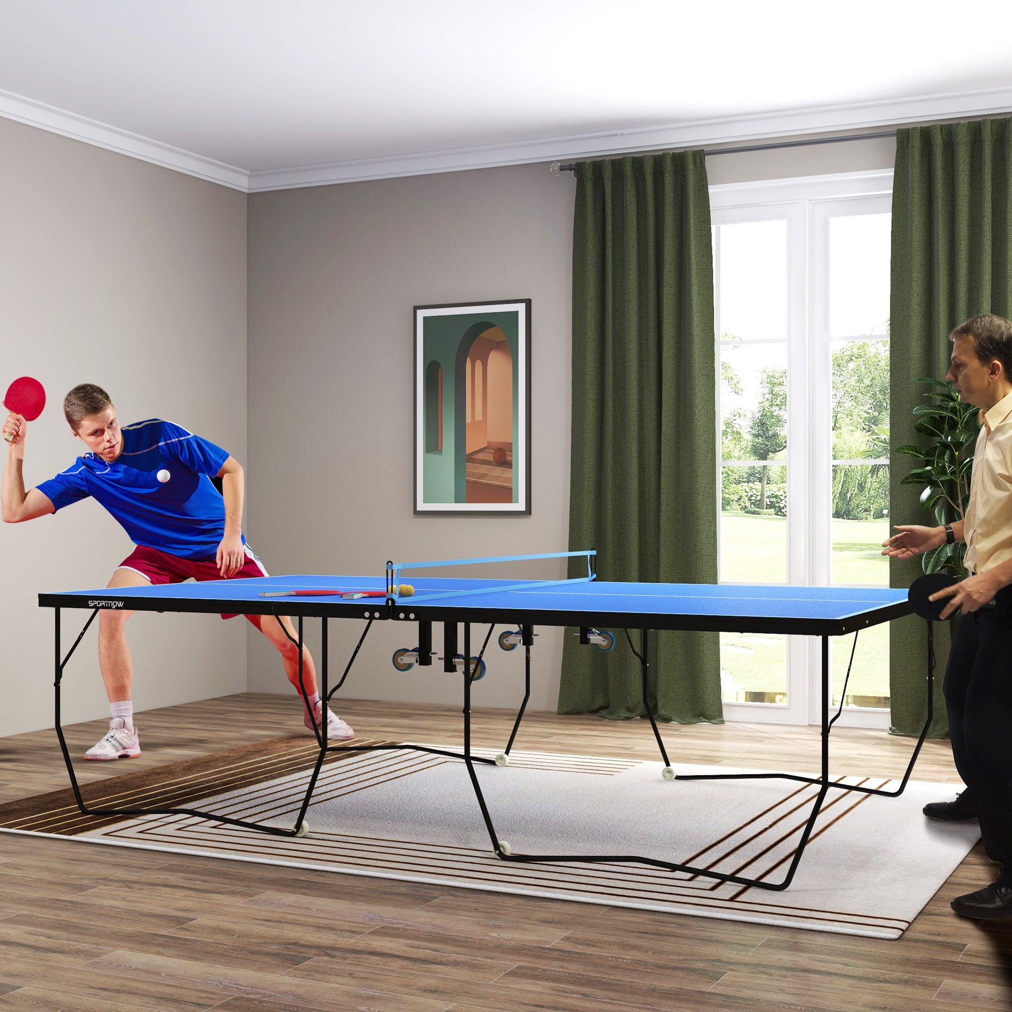SPORTNOW 9FT Folding Table Tennis Table, with 8 Wheels, for Indoor Use - Blue 