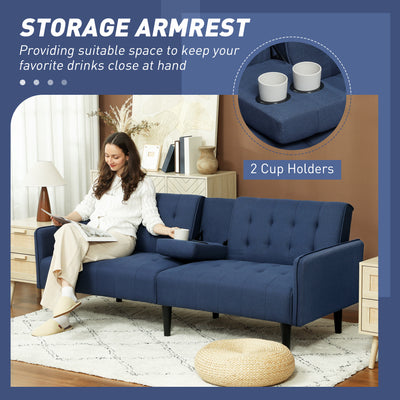 HOMCOM Upholstered Click Clack Sofa Bed, Linen-Feel 3 Seater Sofa Bed with Storage and Cupholders, Dark Blue 