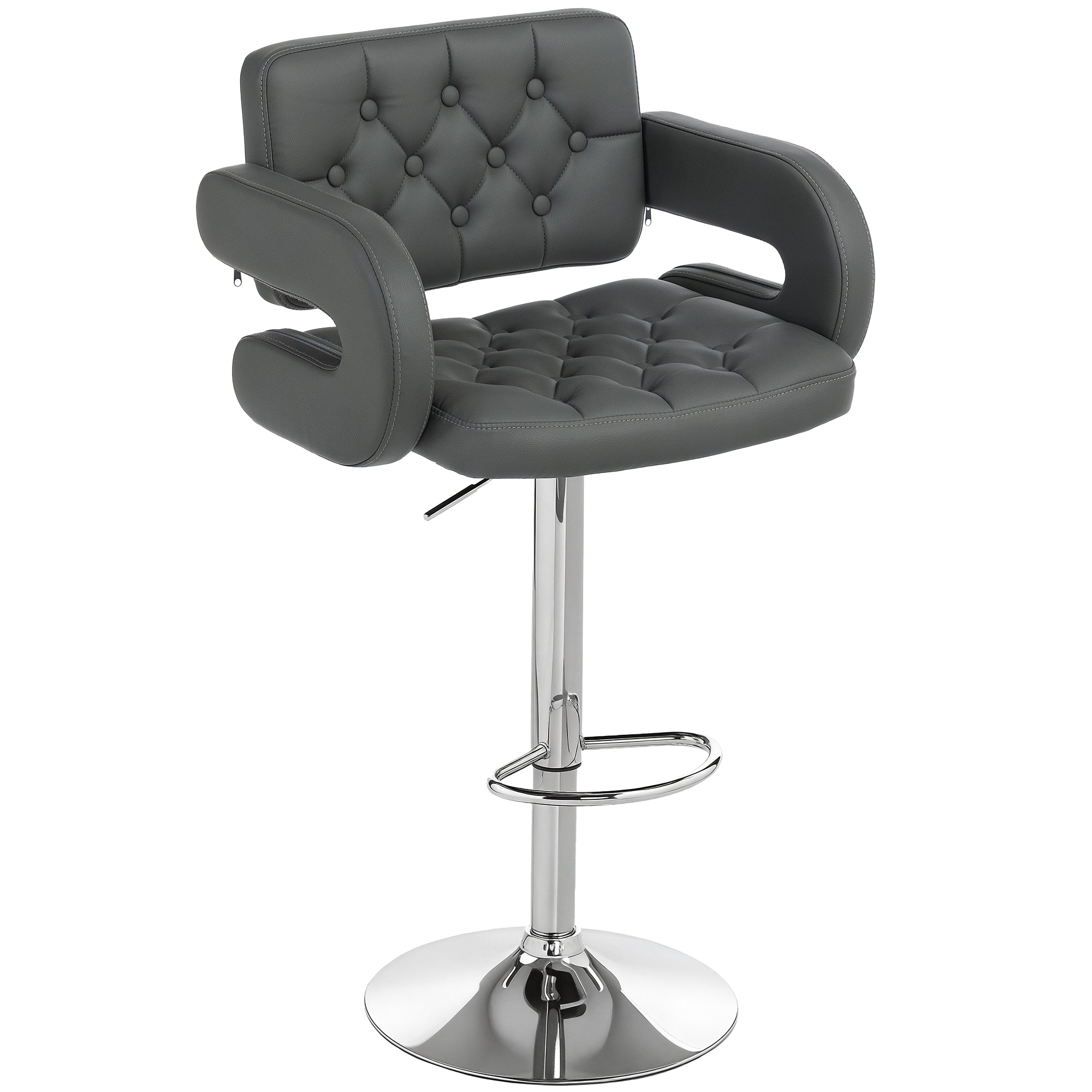 HOMCOM PU Leather Upholstered Swivel Bar Stool, Height Adjustable with Back, Armrest, Footrest, Grey 
