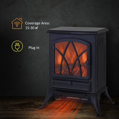 HOMCOM Electric Stove Heater with Realistic Flame Effect, 2000W Portable Indoor Freestanding Electric Fireplace with Adjustable Thermostat, Black 