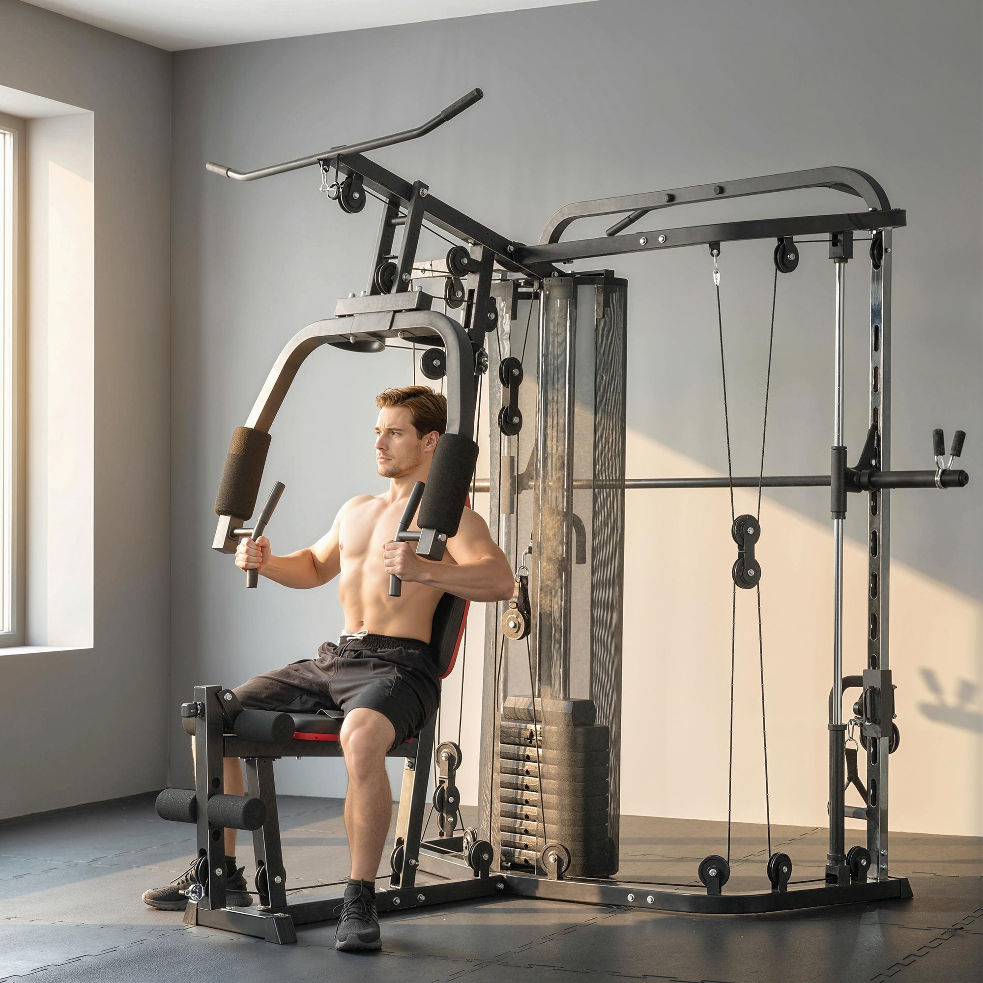 SPORTNOW Home Multi Gym Smith Machine with 65kg Weight Stack, Cable Pulley System, Chest Station, Preacher Pad & Leg Developer 