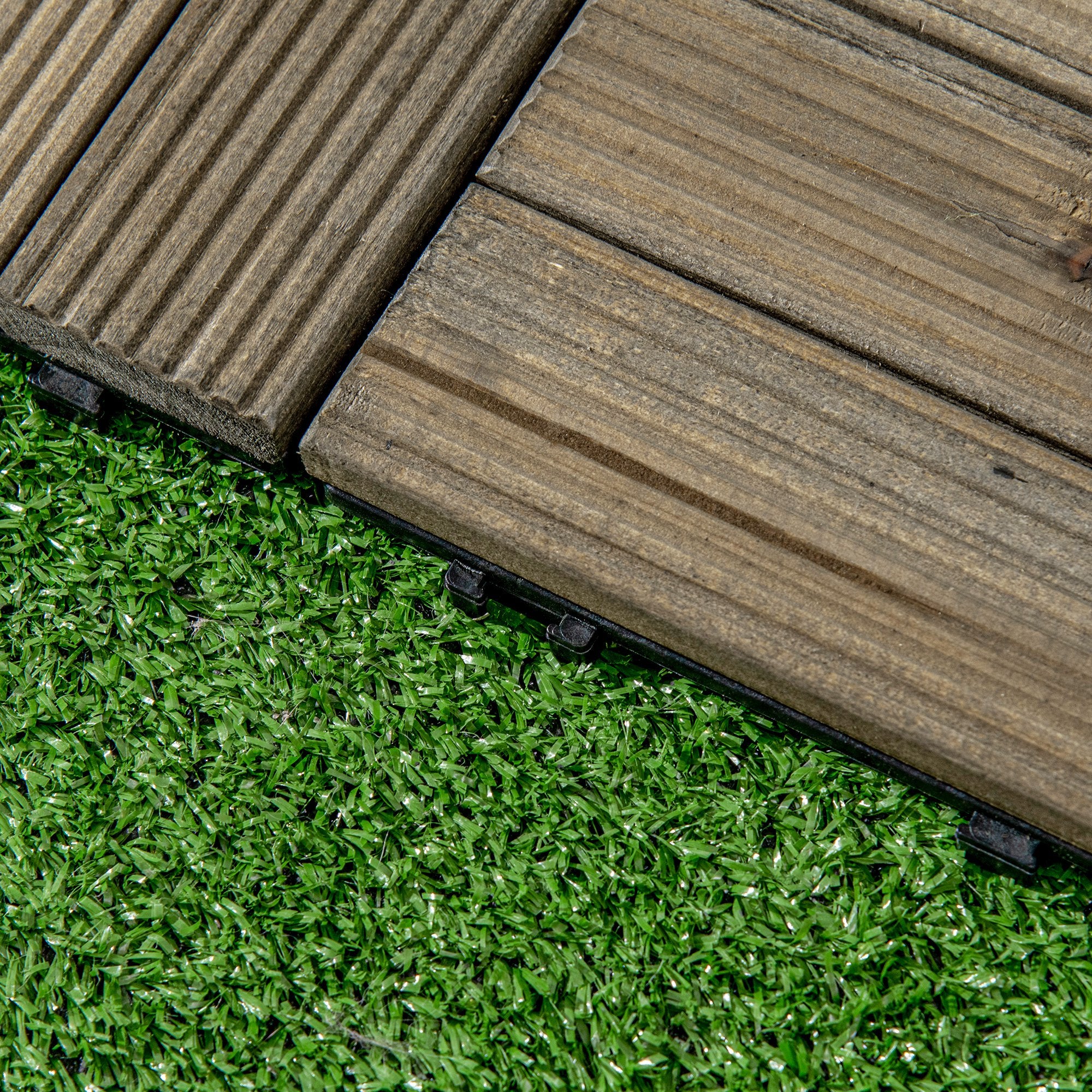 Outsunny 27 Pcs Wooden Interlocking Decking Tiles, Outdoor Flooring Tiles for Patio, Balcony, Terrace, Hot Tub, 30 x 30 cm per Piece, 2.5\'e3\'8e\'a1 per Pack, Charcoal Grey