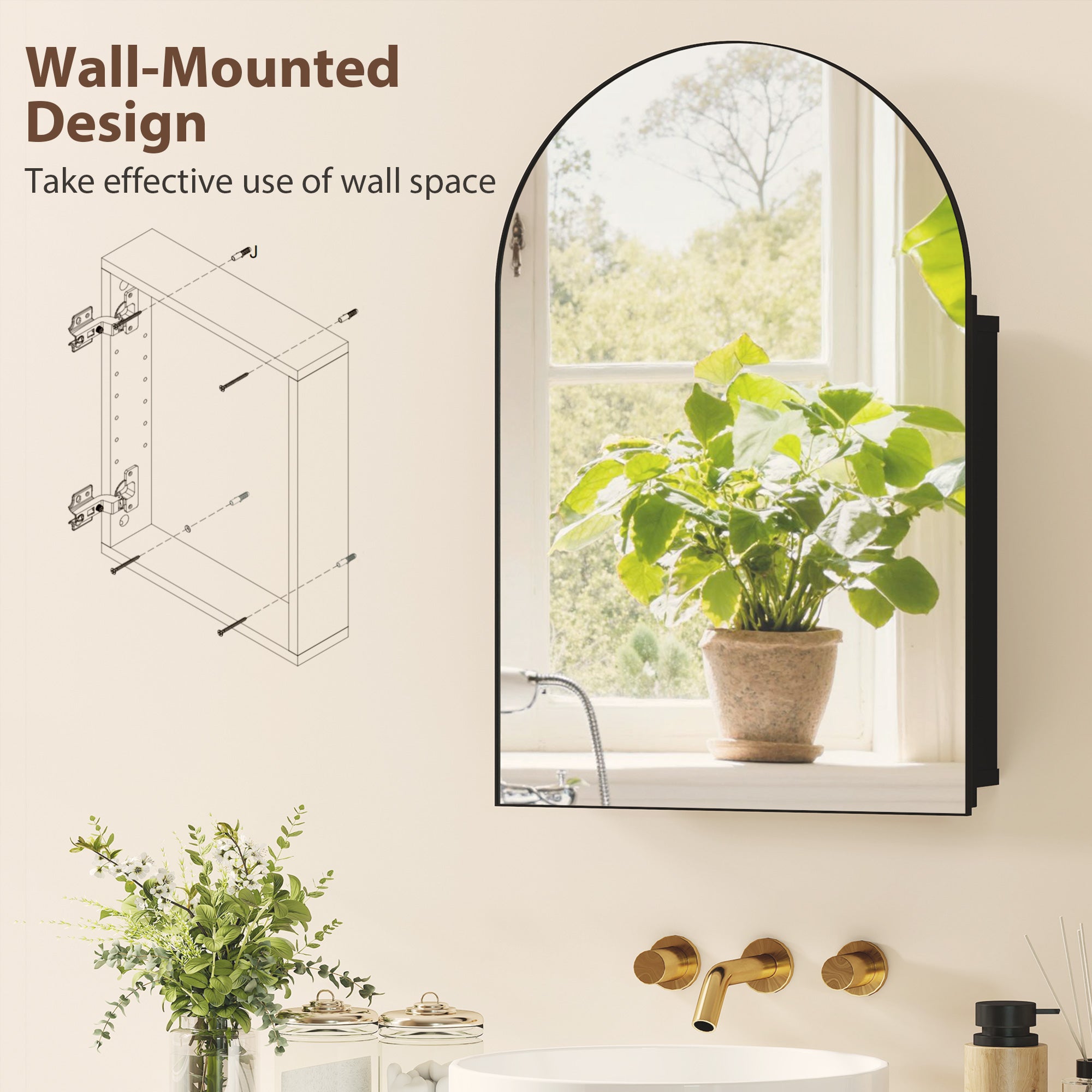 HOMCOM Bathroom Mirror Cabinet with Mirror, Arched Wall Mounted Bathroom Cabinet with Storage Shelves, Black 