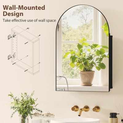 HOMCOM Bathroom Mirror Cabinet with Mirror, Arched Wall Mounted Bathroom Cabinet with Storage Shelves, Black 