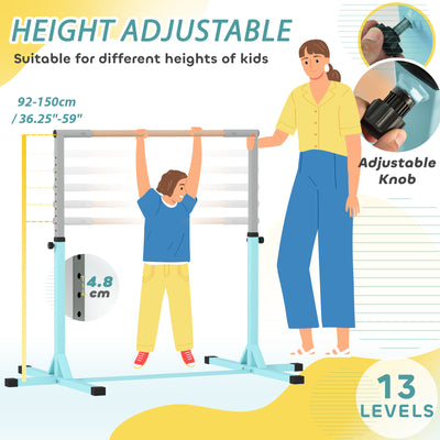 HOMCOM Height Adjustable Gymnastics Horizontal Bar for Kids, Children Junior Kip High Bar Fitness, Light Blue 