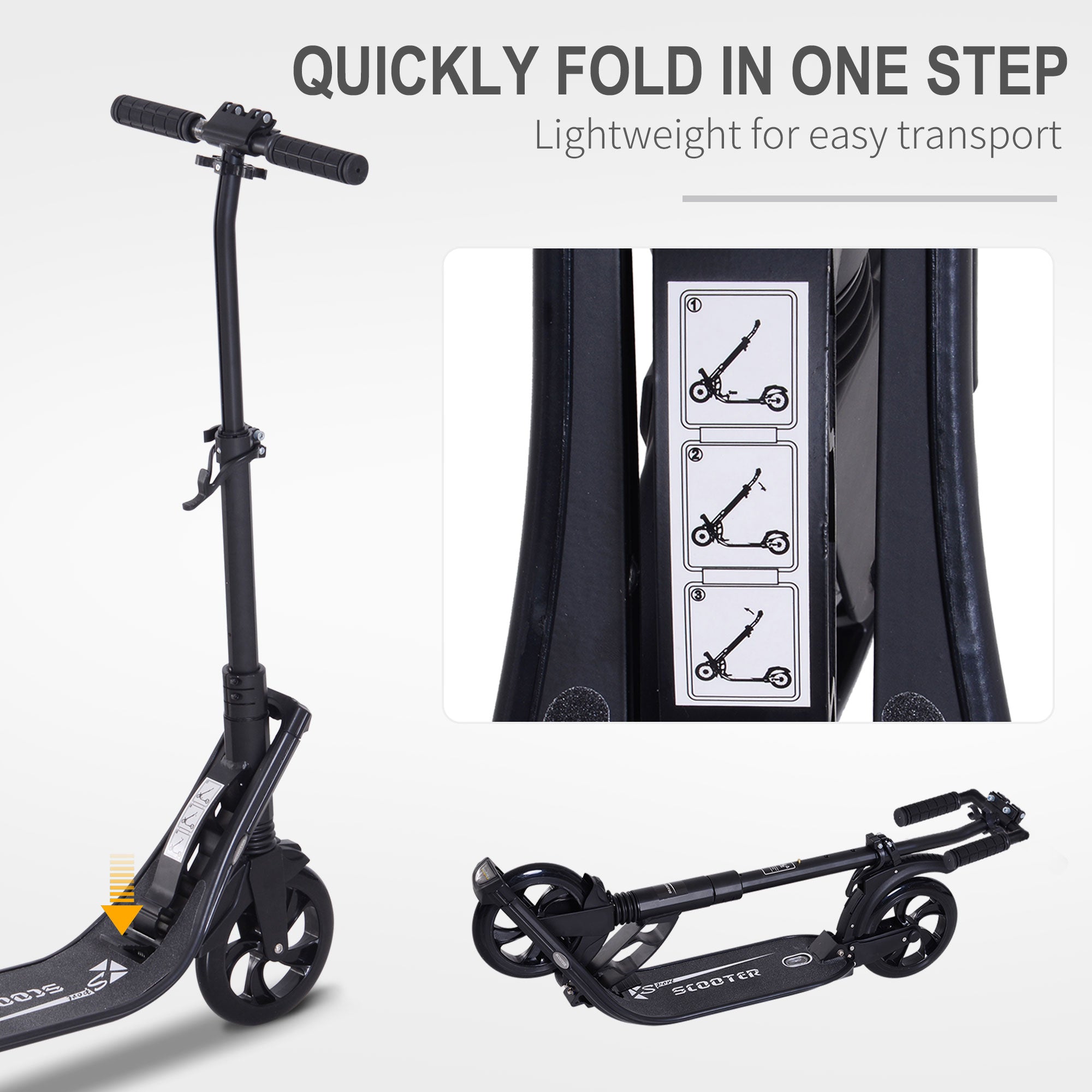 HOMCOM Folding Kick Scooter Hight-Adjustable Urban Scooter w/ Rear Brake, Double Shock Absorption System & 2 Big Wheels, For 14+ Teens Adult, Black 